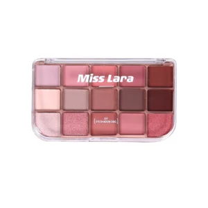 15-shade matte eyeshadow palette with transparent case showing earth tones and smoky purple, designed for easy blending without patchy finish