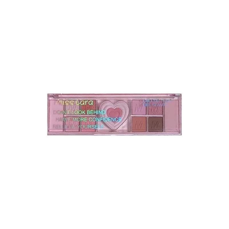 crease-proof-eyeshadow-palette-all-day-fallout-free-makeup-kit-mis-6j4uteyf-1 Miss Lara crease proof eyeshadow palette showing smooth matte earth tones and shimmer shades for beginner student makeup