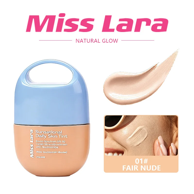 Woman showing natural non-caking complexion with MISS LARA 4-shade BB cream, no fine line settling, breathable all-day makeup finish