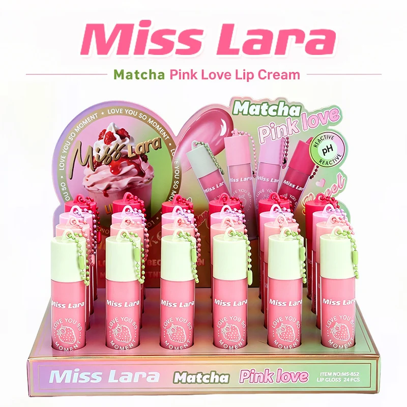 Close-up of Miss Lara Hydrating Lip Gloss with built-in mirror, showing non-sticky, plumping effect on chapped lips, offering instant relief and mirror-shine finish