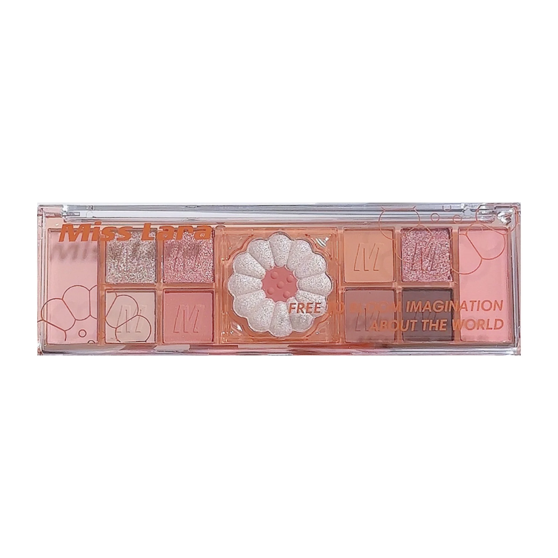 Miss Lara 12-color flower eyeshadow palette open on desk showing matte and glitter shades, ideal for fixing flat or faded makeup results