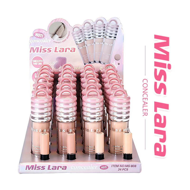 Miss Lara Liquid Concealer bottle next to a close-up swatch showing natural hydration without caking, illustrating the solution to dry, heavy makeup pain points.