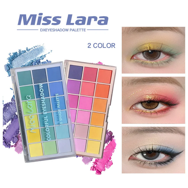 18-color rainbow matte and shimmer eyeshadow palette showing vibrant pigmented shades for high-impact makeup looks