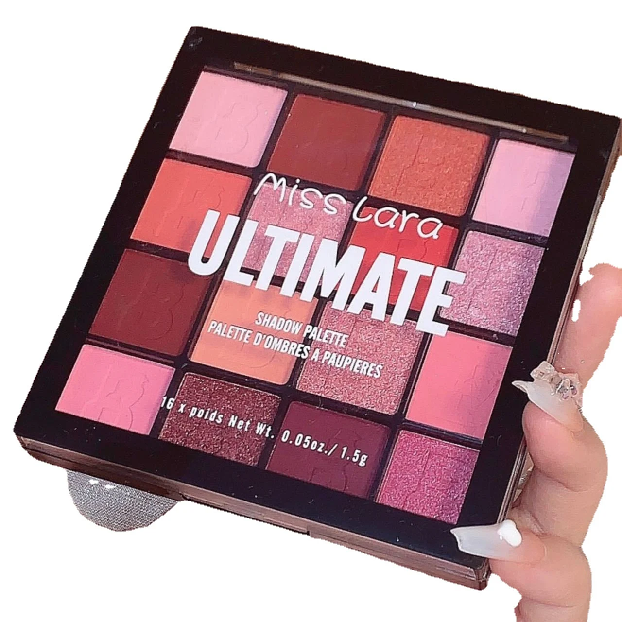 stop-eyeshadow-smudging-16-color-blending-palette-that-lasts-all-day-mis-6rqwrz2z-desc-5 Miss Lara 16-color eyeshadow palette with matte and glitter finishes, showing smooth blending on skin to solve smudging and fading pain points.
