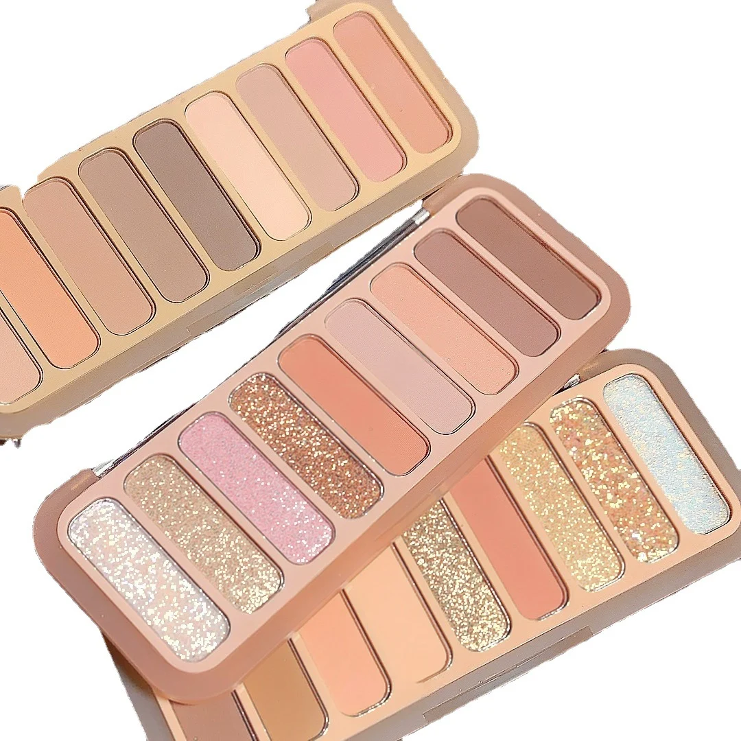 stop-patchy-makeup-9-color-earth-tone-eyeshadow-palette-with-high-pigment-smooth-mis-nkzkza73-desc-4 Close up of 9 color earth tone eyeshadow palette with matte and shimmer shades showing high pigment smooth texture for easy blending